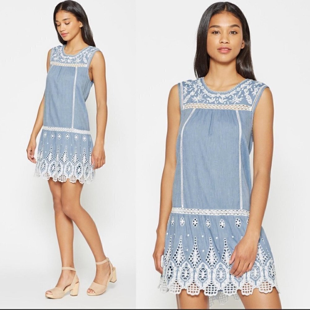 Joie Josune 100% Cotton Chambray Sleeveless Scoop Neck Drop Waist Dress Size XS